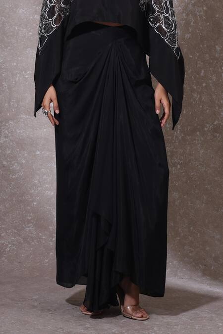 Urmil Black Organza, Muslin Embroidery Round Neck Cape Bustier Pickup Skirt Set Online at Aza Fashions Urmil_Black Organza, Muslin Embroidery Round Neck Cape Bustier Pickup Skirt Set _Online_at_Aza_Fashions