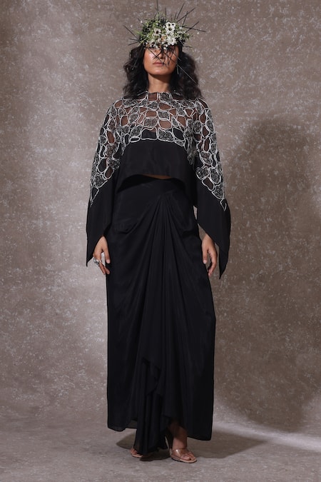 URMIL Black Organza Cape Bustier Pickup Skirt Set 