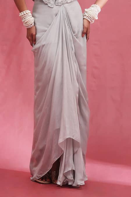 Urmil_Blue Beads, Embroidery Round Neck Ice Fusion Cape And Skirt Set _Online_at_Aza_Fashions