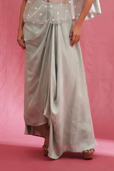 Urmil Mint Organza, Silk Round Neck Cape Bustier Pickup Skirt Set Online at Aza Fashions Urmil_Mint Organza, Silk Round Neck Cape Bustier Pickup Skirt Set _Online_at_Aza_Fashions