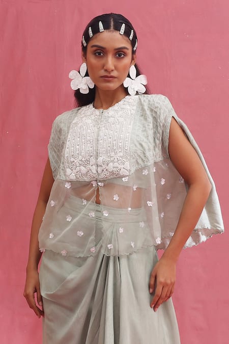 Urmil Mint Organza Cape Bustier Pickup Skirt Set 