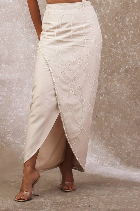 Urmil Beige Tissue Beads, Pearls High Neck Top And Skirt Set Online at Aza Fashions Urmil_Beige Tissue Beads, Pearls High Neck Top And Skirt Set _Online_at_Aza_Fashions