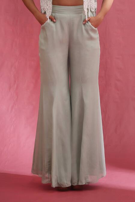 Urmil_Mint Organza, Tissue Sweetheart Neck Cape Bustier Pant Set _Online_at_Aza_Fashions