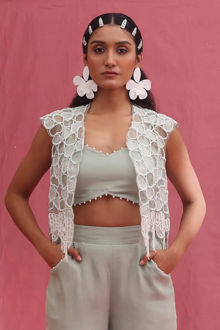 Urmil Mint Organza Cape Bustier Pant Set 