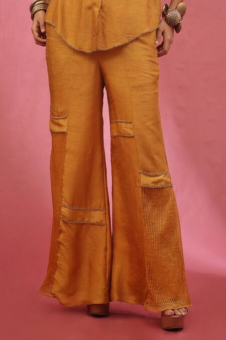 Urmil_Orange Organza, Tissue Embroidery Round Neck Gold Pant Set _Online_at_Aza_Fashions