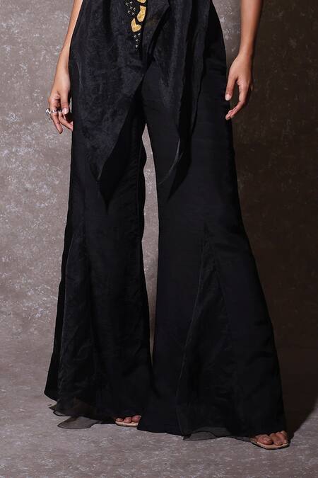 Urmil_Black Silk, Organza Embroidery V-neck Cape Pant Set _Online_at_Aza_Fashions