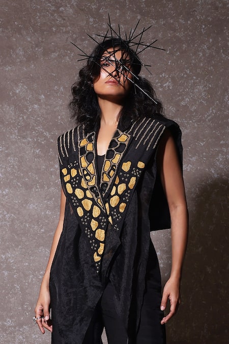 Urmil Black Silk Organza Cape Pant Set 