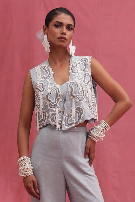 Urmil Ice Blue Khadi Weaves Pant Set 