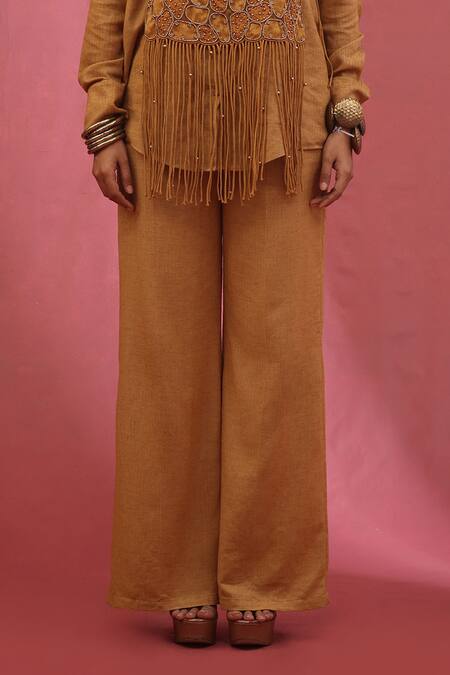 Urmil_Orange Organza, Silk, Tissue Embroidery, Fringe Round Gold Jacket Pant Set _Online_at_Aza_Fashions