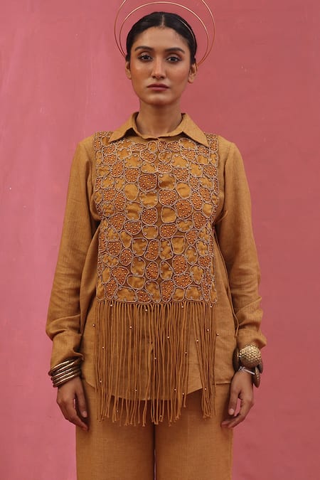 Urmil Gold Organza Jacket Pant Set 