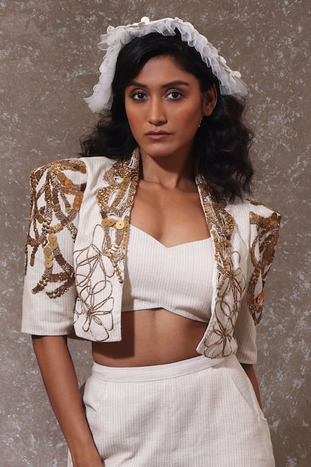 Urmil Designer Off White Khadi Stripes Pant Set 