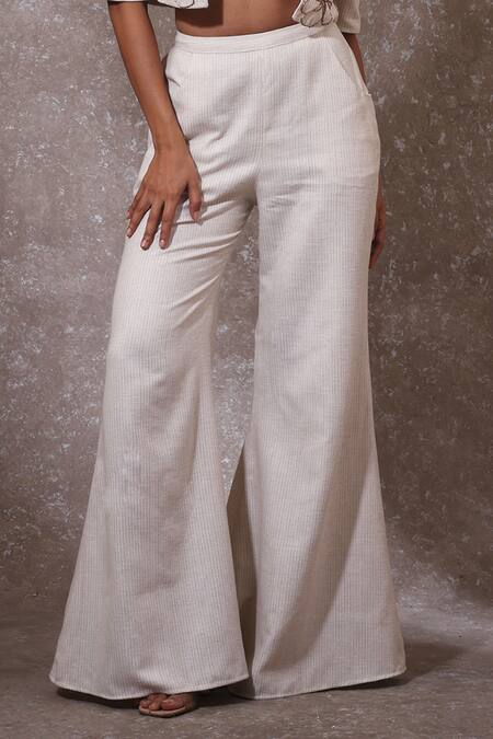 Urmil_Off White Cotton Embroidery Open Neck, Scoop Designer Khadi Stripes Pant Set _Online_at_Aza_Fashions