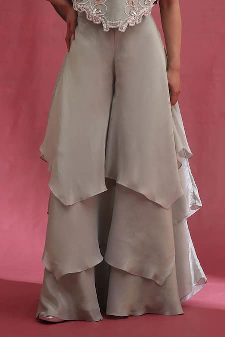 Urmil_Mint Silk, Tissue Embroidery V-neck Cape Bustier Pant Set _Online_at_Aza_Fashions