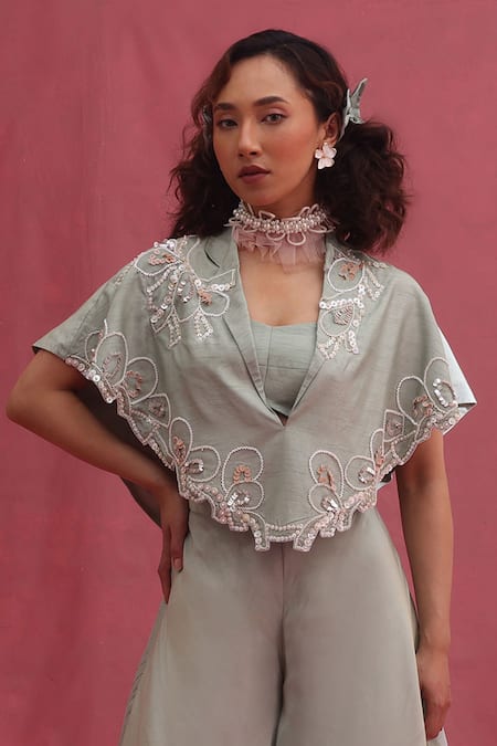 Urmil Mint Silk Cape Bustier Pant Set 