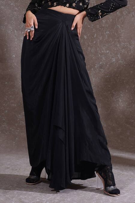 Urmil_Black Muslin Embroidery, Sequins V-neck Jacket And Skirt Set _Online_at_Aza_Fashions