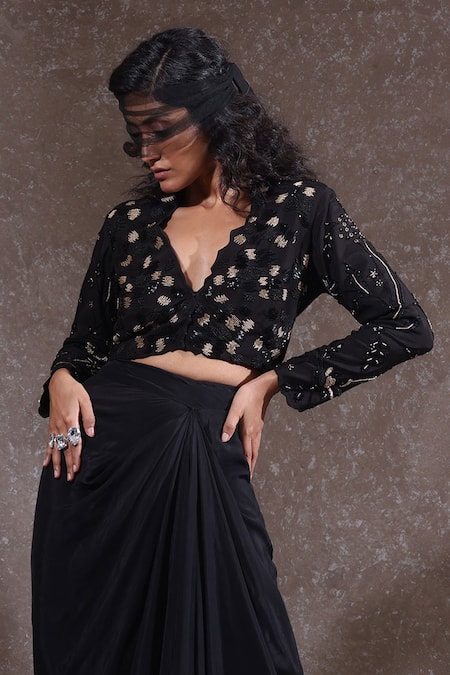 Urmil Black Embroidered Jacket & Skirt Set 