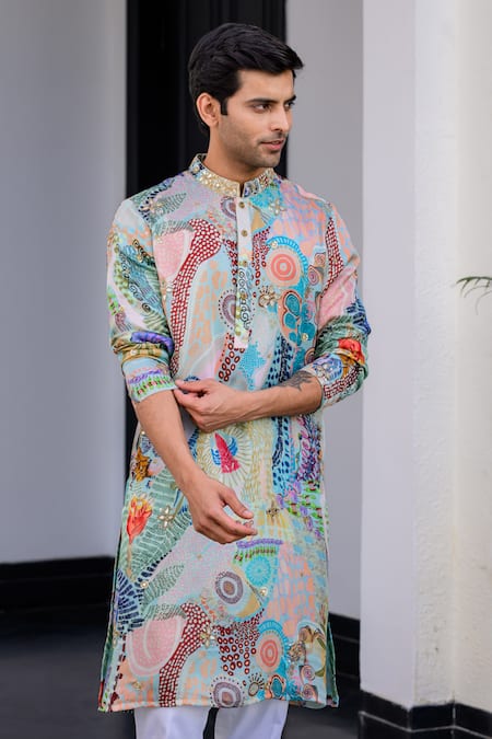 Juhi Bengani_Multi Color Organza, Cotton Sequins Printed Kurta Set _Online_at_Aza_Fashions