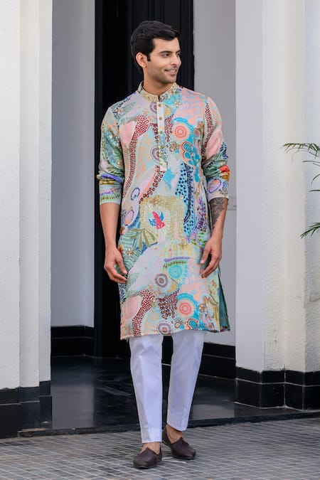 Buy_Juhi Bengani_Multi Color Organza, Cotton Sequins Printed Kurta Set _Online_at_Aza_Fashions