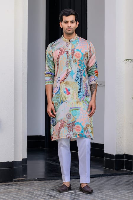 Shop_Juhi Bengani_Multi Color Organza, Cotton Sequins Printed Kurta Set _Online_at_Aza_Fashions