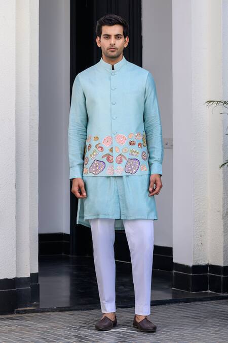 Juhi Bengani Sky Blue Silk, Cotton Sequins, Embroidery Bundi Set Online at Aza Fashions Juhi Bengani_Sky Blue Silk, Cotton Sequins, Embroidery Bundi Set _Online_at_Aza_Fashions