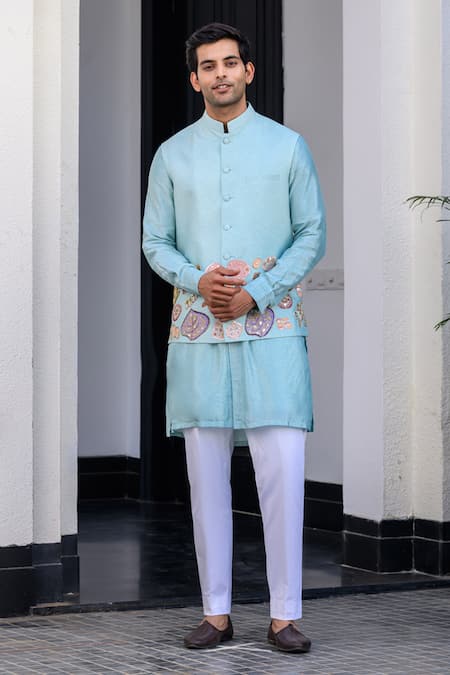 JUHI BENGANI Sky Blue Embroidered Bundi Set 