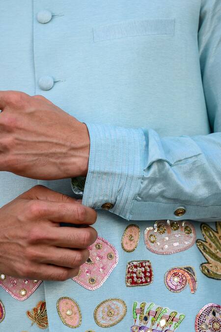 Shop Juhi Bengani Sky Blue Silk, Cotton Sequins, Embroidery Bundi Set Online at Aza Fashions Shop_Juhi Bengani_Sky Blue Silk, Cotton Sequins, Embroidery Bundi Set _Online_at_Aza_Fashions