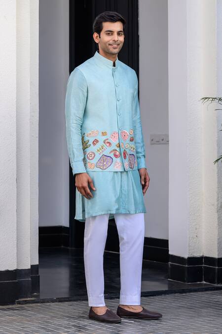 Juhi Bengani Sky Blue Silk, Cotton Sequins, Embroidery Bundi Set at Aza Fashions Juhi Bengani_Sky Blue Silk, Cotton Sequins, Embroidery Bundi Set _at_Aza_Fashions