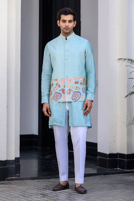 Buy Juhi Bengani Sky Blue Silk, Cotton Sequins, Embroidery Bundi Set Buy_Juhi Bengani_Sky Blue Silk, Cotton Sequins, Embroidery Bundi Set