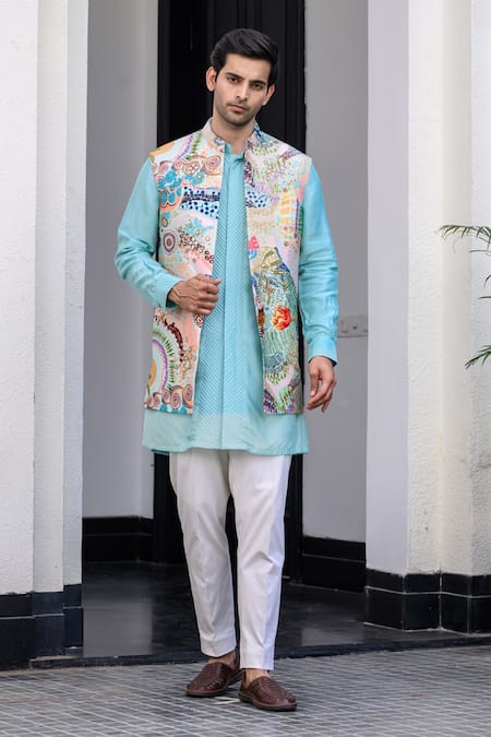 JUHI BENGANI Sky Blue Designer Nehru Jacket Set 