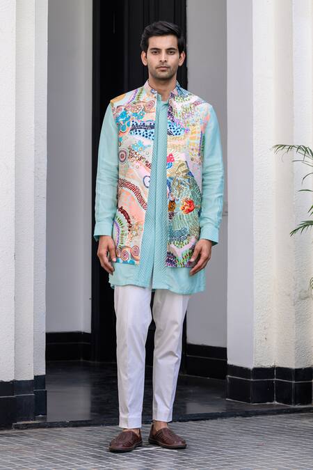 Juhi Bengani Sky Blue Silk, Cotton, Organza Sequins, Embroidery Designer Nehru Jacket Set Online at Aza Fashions Juhi Bengani_Sky Blue Silk, Cotton, Organza Sequins, Embroidery Designer Nehru Jacket Set _Online_at_Aza_Fashions