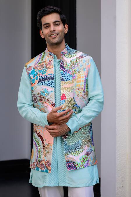 Shop Juhi Bengani Sky Blue Silk, Cotton, Organza Sequins, Embroidery Designer Nehru Jacket Set Online at Aza Fashions Shop_Juhi Bengani_Sky Blue Silk, Cotton, Organza Sequins, Embroidery Designer Nehru Jacket Set _Online_at_Aza_Fashions