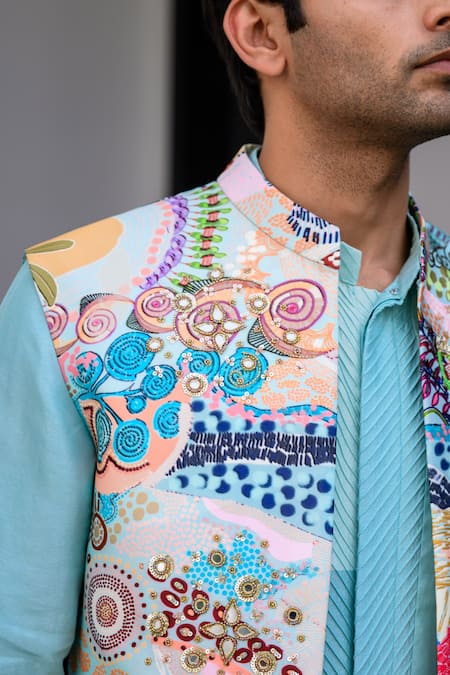 Juhi Bengani Sky Blue Silk, Cotton, Organza Sequins, Embroidery Designer Nehru Jacket Set at Aza Fashions Juhi Bengani_Sky Blue Silk, Cotton, Organza Sequins, Embroidery Designer Nehru Jacket Set _at_Aza_Fashions