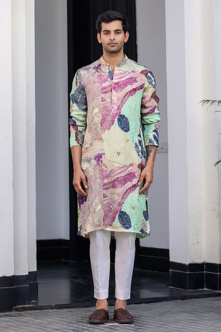 Buy_Juhi Bengani_Multi Color Organza, Cotton Embroidery Printed Kurta Set _Online_at_Aza_Fashions