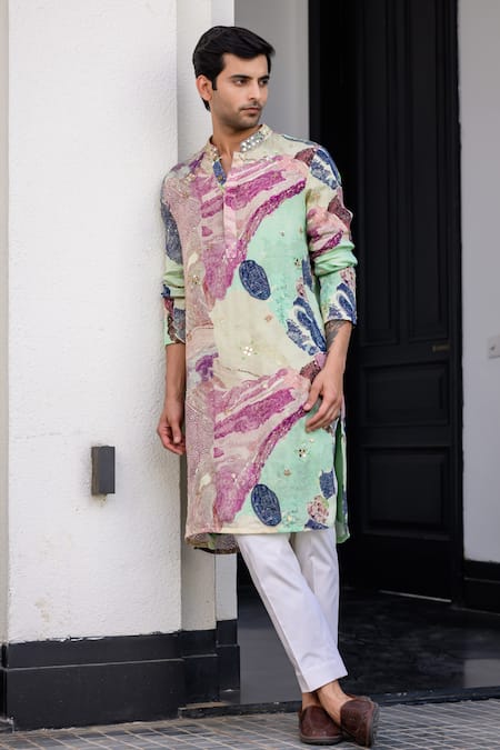 Shop_Juhi Bengani_Multi Color Organza, Cotton Embroidery Printed Kurta Set _Online_at_Aza_Fashions