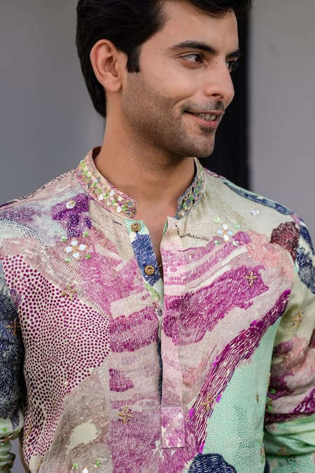 Shop_Juhi Bengani_Multi Color Organza, Cotton Embroidery Printed Kurta Set 