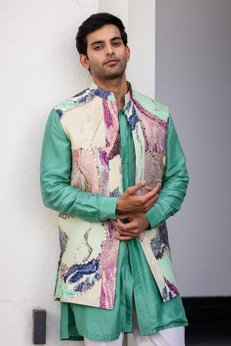 Juhi Bengani_Green Silk, Cotton, Organza Sequins, Embroidery Multi Colour Russian Bundi Set _Online_at_Aza_Fashions