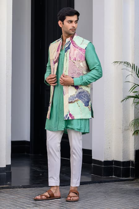 Buy_Juhi Bengani_Green Silk, Cotton, Organza Sequins, Embroidery Multi Colour Russian Bundi Set _Online_at_Aza_Fashions