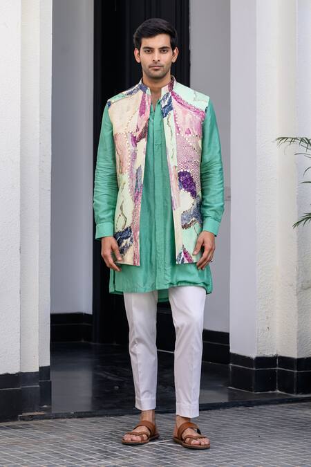 Shop_Juhi Bengani_Green Silk, Cotton, Organza Sequins, Embroidery Multi Colour Russian Bundi Set _Online_at_Aza_Fashions