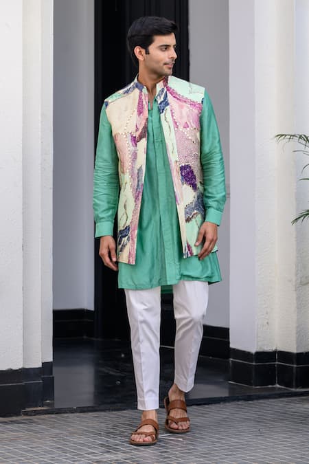 Juhi Bengani_Green Silk, Cotton, Organza Sequins, Embroidery Multi Colour Russian Bundi Set _at_Aza_Fashions