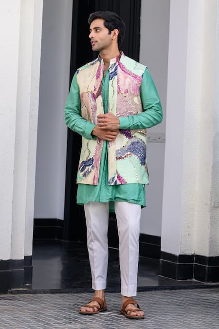 JUHI BENGANI Green Silk, Cotton, Organza Sequins, Embroidery Multi Colour Russian Bundi Set 