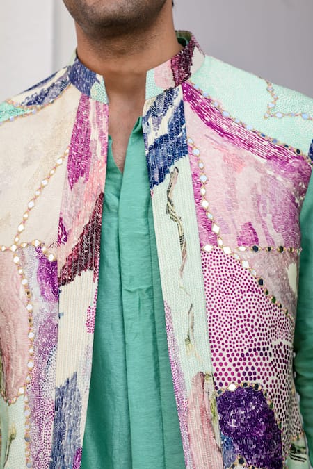 Buy_Juhi Bengani_Green Silk, Cotton, Organza Sequins, Embroidery Multi Colour Russian Bundi Set 