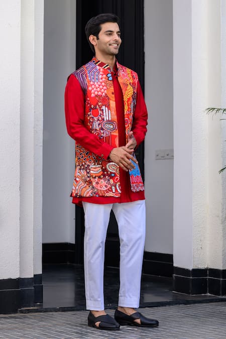 Buy_Juhi Bengani_Multi Color Silk, Cotton, Organza Sequins, Embroidery Designer Nehru Jacket Set _Online_at_Aza_Fashions