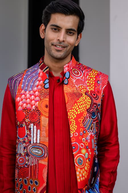 Juhi Bengani_Multi Color Silk, Cotton, Organza Sequins, Embroidery Designer Nehru Jacket Set _at_Aza_Fashions