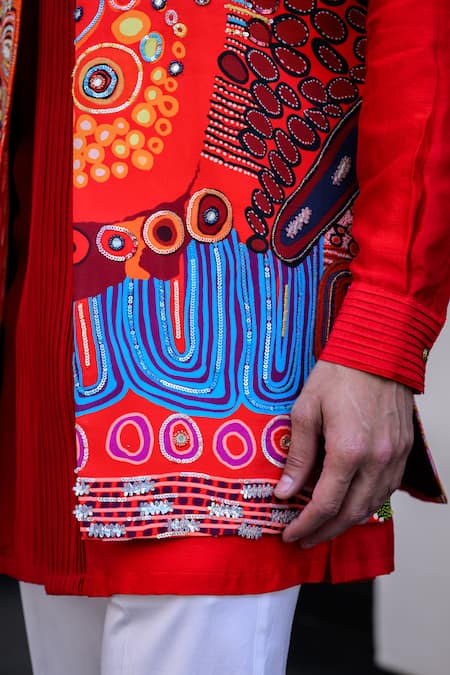 Buy_Juhi Bengani_Multi Color Silk, Cotton, Organza Sequins, Embroidery Designer Nehru Jacket Set 