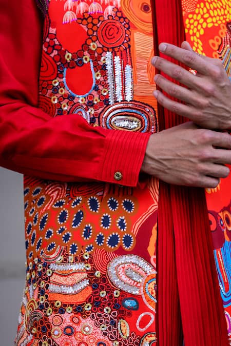 Shop_Juhi Bengani_Multi Color Silk, Cotton, Organza Sequins, Embroidery Designer Nehru Jacket Set 