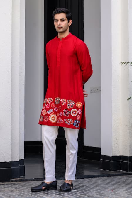 Juhi Bengani Red Silk, Cotton Embroidery, Sequins Kurta Set Online at Aza Fashions Juhi Bengani_Red Silk, Cotton Embroidery, Sequins Kurta Set _Online_at_Aza_Fashions