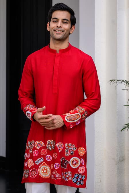 Buy Juhi Bengani Red Silk, Cotton Embroidery, Sequins Kurta Set Online at Aza Fashions Buy_Juhi Bengani_Red Silk, Cotton Embroidery, Sequins Kurta Set _Online_at_Aza_Fashions