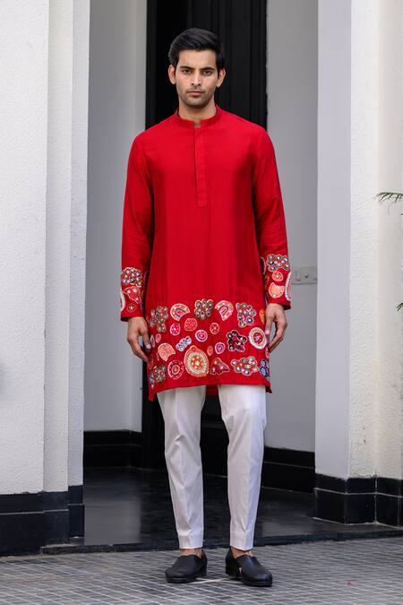 Shop Juhi Bengani Red Silk, Cotton Embroidery, Sequins Kurta Set Online at Aza Fashions Shop_Juhi Bengani_Red Silk, Cotton Embroidery, Sequins Kurta Set _Online_at_Aza_Fashions