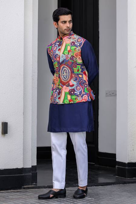 Buy_Juhi Bengani_Multi Color Silk, Cotton, Organza Nehru Jacket Set _Online_at_Aza_Fashions