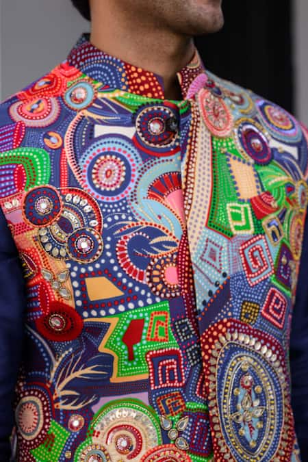 Shop_Juhi Bengani_Multi Color Silk, Cotton, Organza Nehru Jacket Set _Online_at_Aza_Fashions